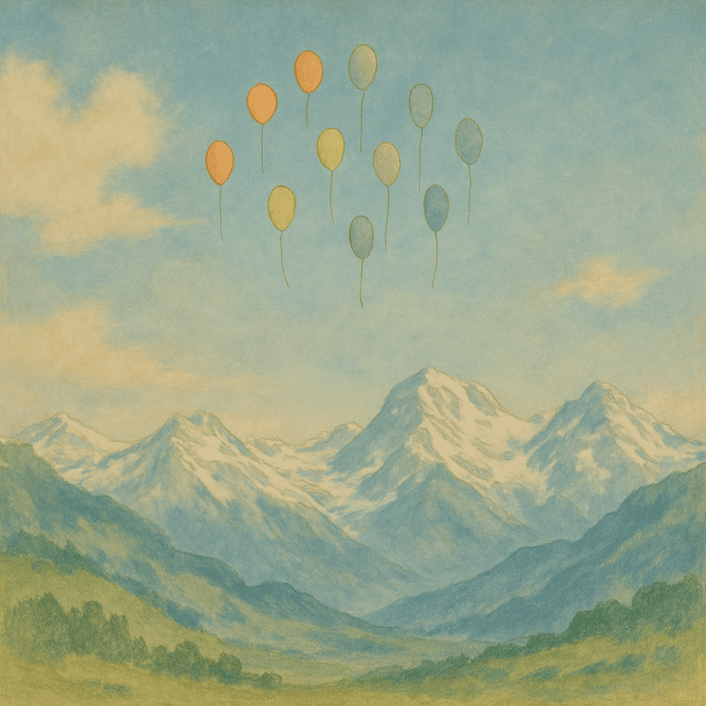 Dreamy mountain landscape with balloons
